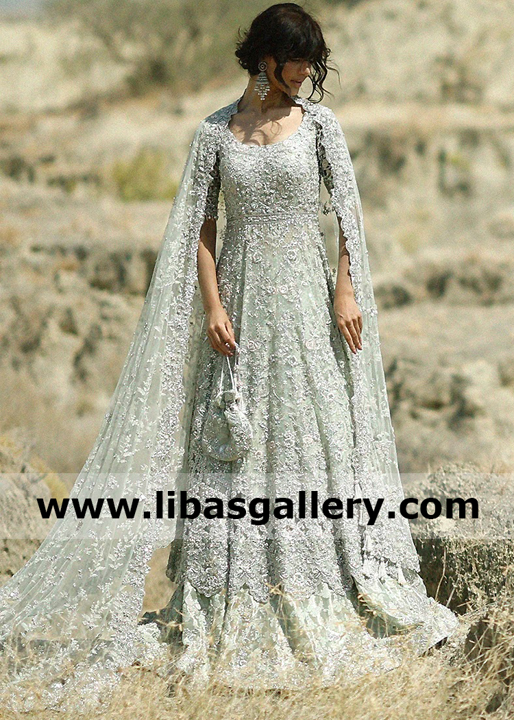Mint Cream Zardozi Embellished Pishwas Bridal Lehenga Set