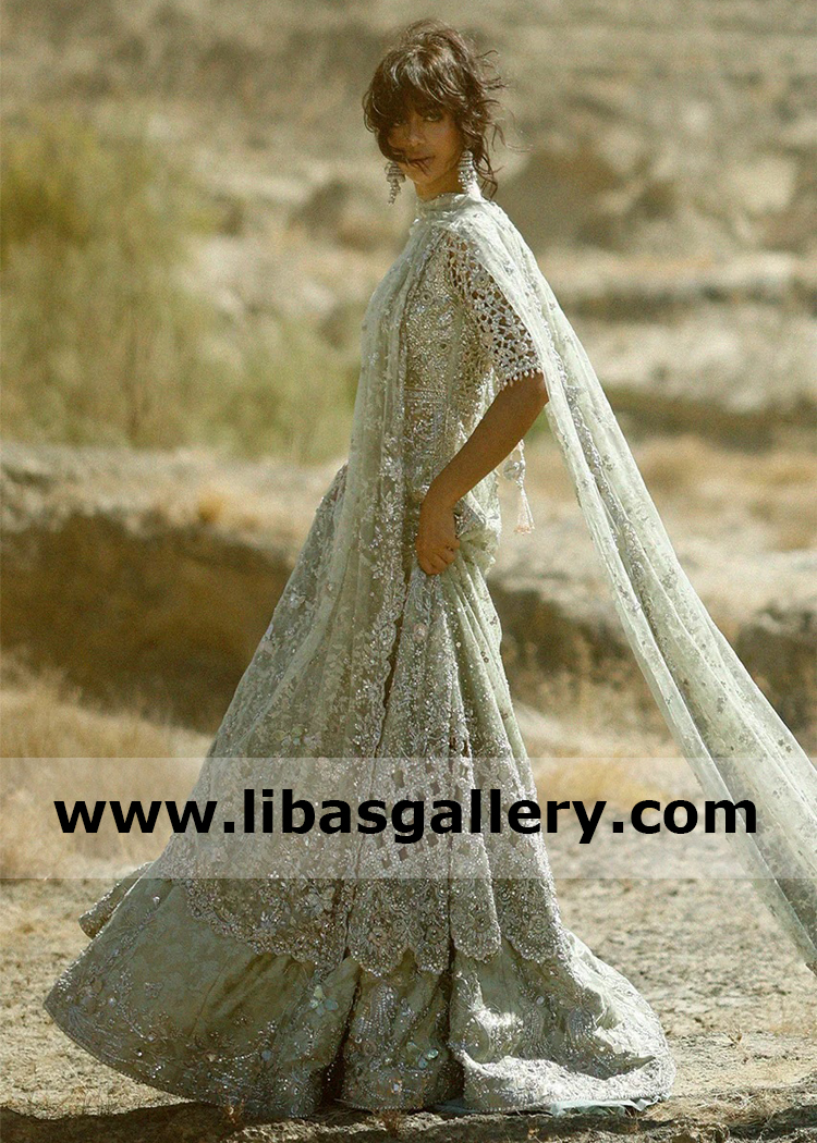 Mint Cream Zardozi Embellished Pishwas Bridal Lehenga Set