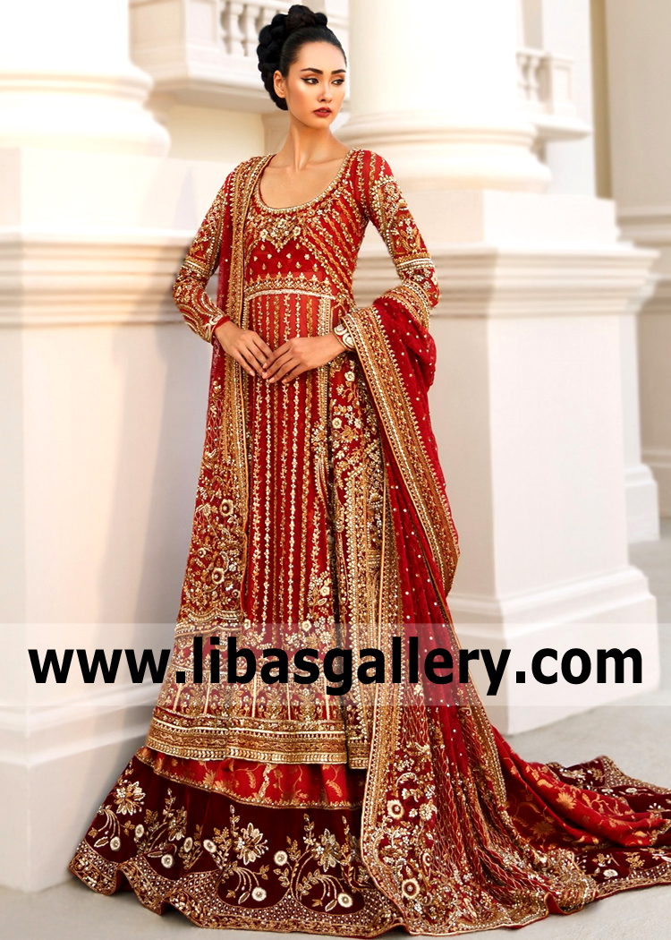 Red Fleur Embellished Peshwas Wedding Dress