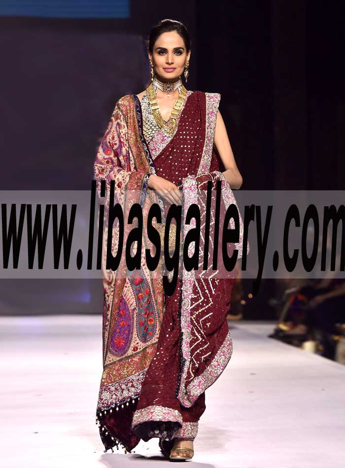 Glamorous Designer Traditional Style Maroon Saree for Wedding and Formal Events