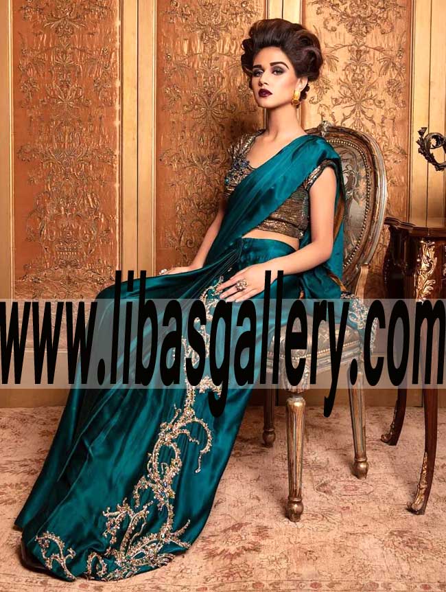 Latest Asian Designer Nilofer Shahid Sarees Wedding Sarees Ilford UK Designer Saree With Alluring Embellishments