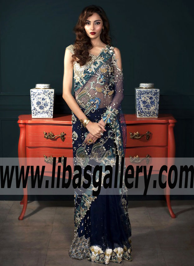 Special Event Saree Dresses London Cardiff UK Designer Arjumand Bano Wedding Saree With Awesome Embellishments For Formal Events
