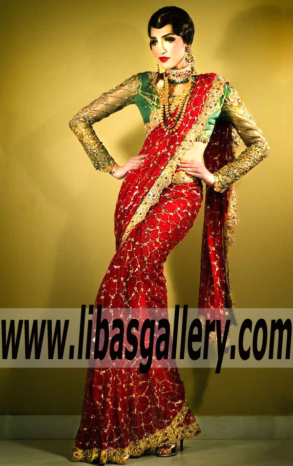 Breathtaking Wedding Saree with Contrast Blouse Pakistani Wedding Saree Boston Massachusetts US Tena Durrani Wedding Saree