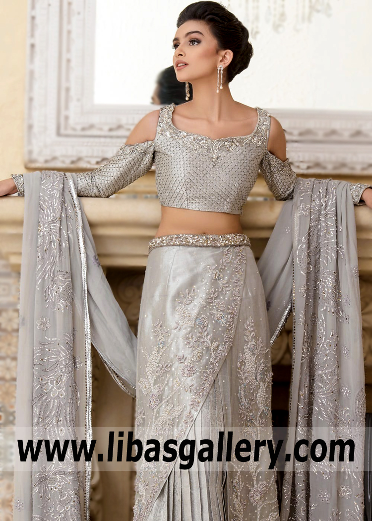 Ultra Feminine Wedding Saree and Blouse with Cold shoulders sleeves