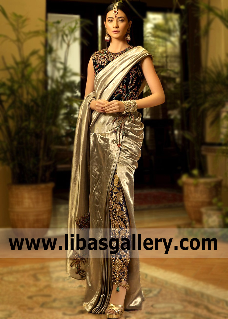 Striking Saree Drese with fitted pants for All Formal and Wedding Events