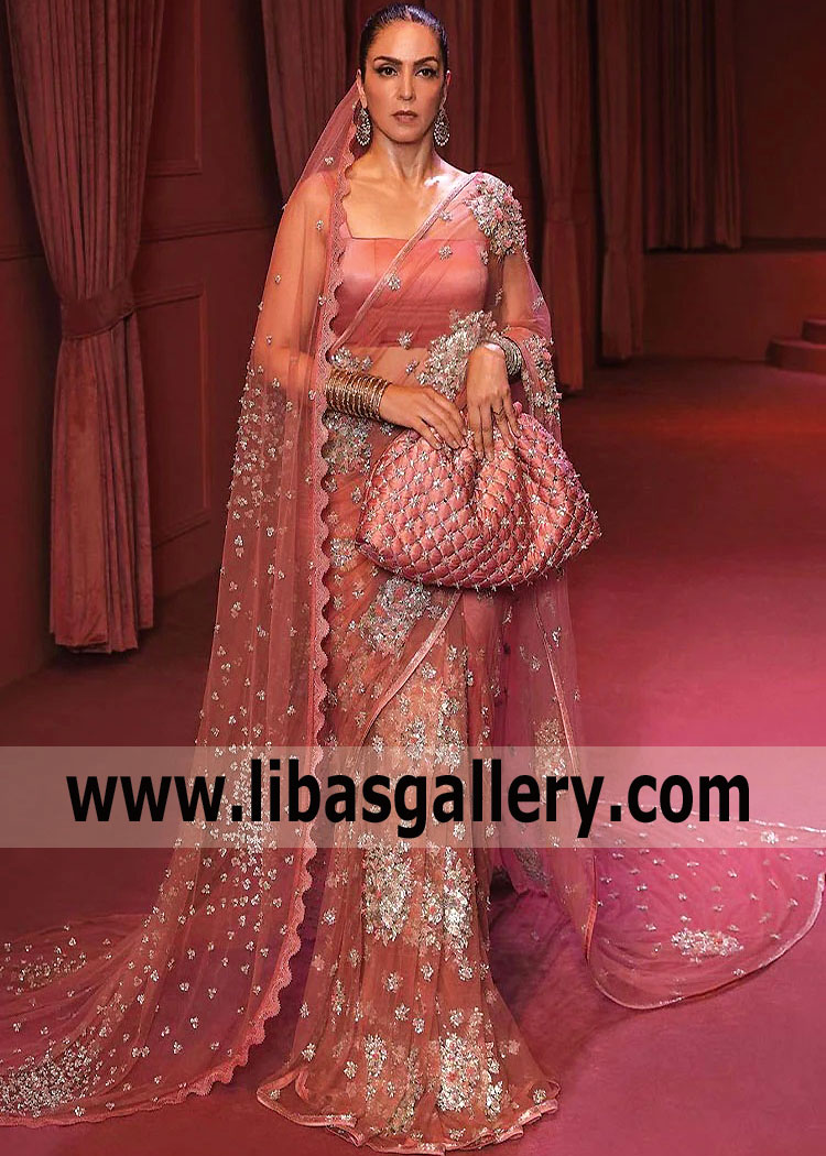 Indian Pakistani Designer Wedding Saree Farmington Hills Michigan MI USA Bridal Saree With Embellished Veil