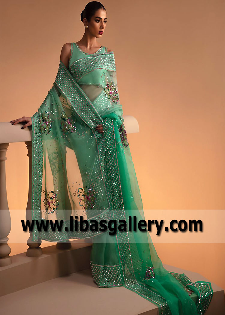 Caribbean Green Bloom Saree for Bridal Party Event