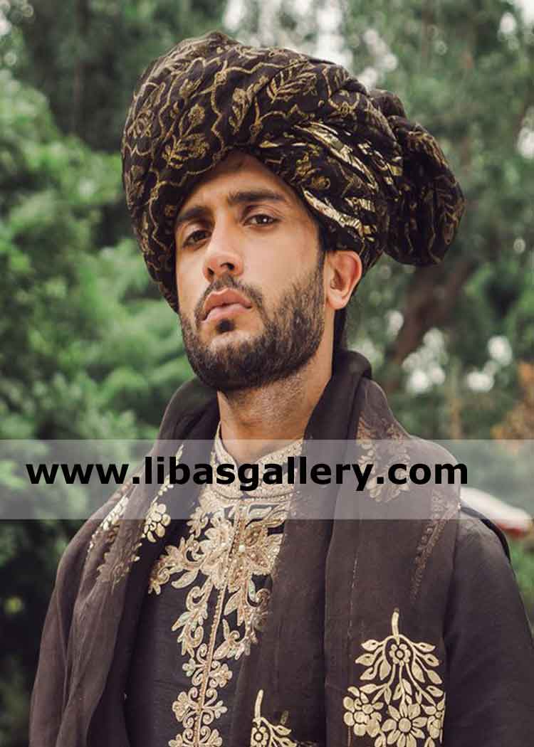black wedding turban embroidered for groom available on order worldwide delivery UK USA Canada