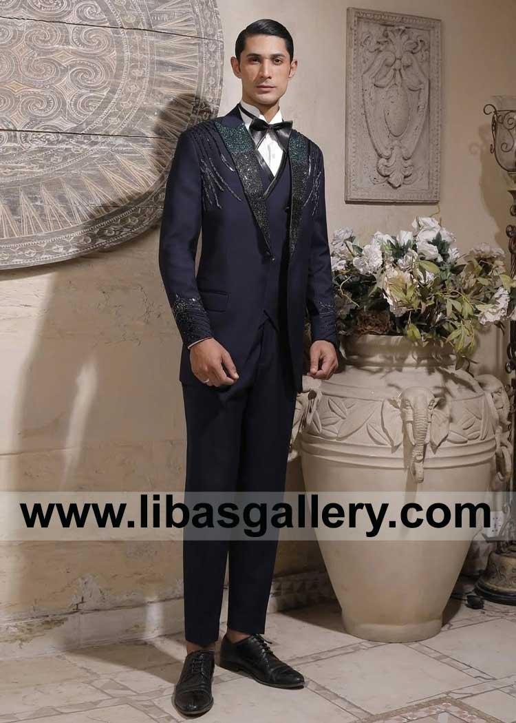 Truely Unique Deep Navy Blue Italian Tuxedo with Embellished Shoulders and Cuffs
