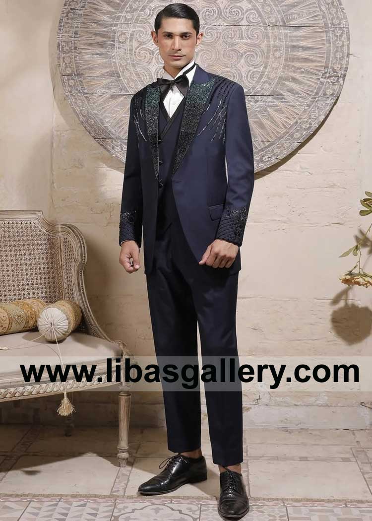Truely Unique Deep Navy Blue Italian Tuxedo with Embellished Shoulders and Cuffs