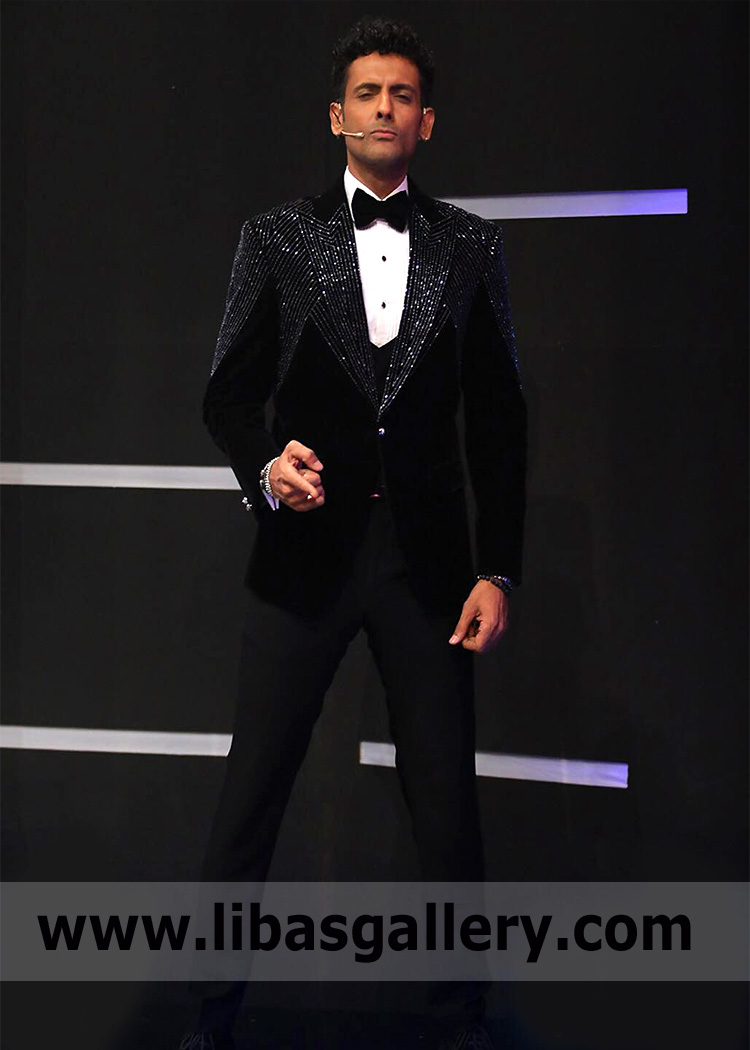 Pakistani Grooms Black Tuxedo Bur Dubai UAE Wedding Black Embellished Tuxedo Online For Groom