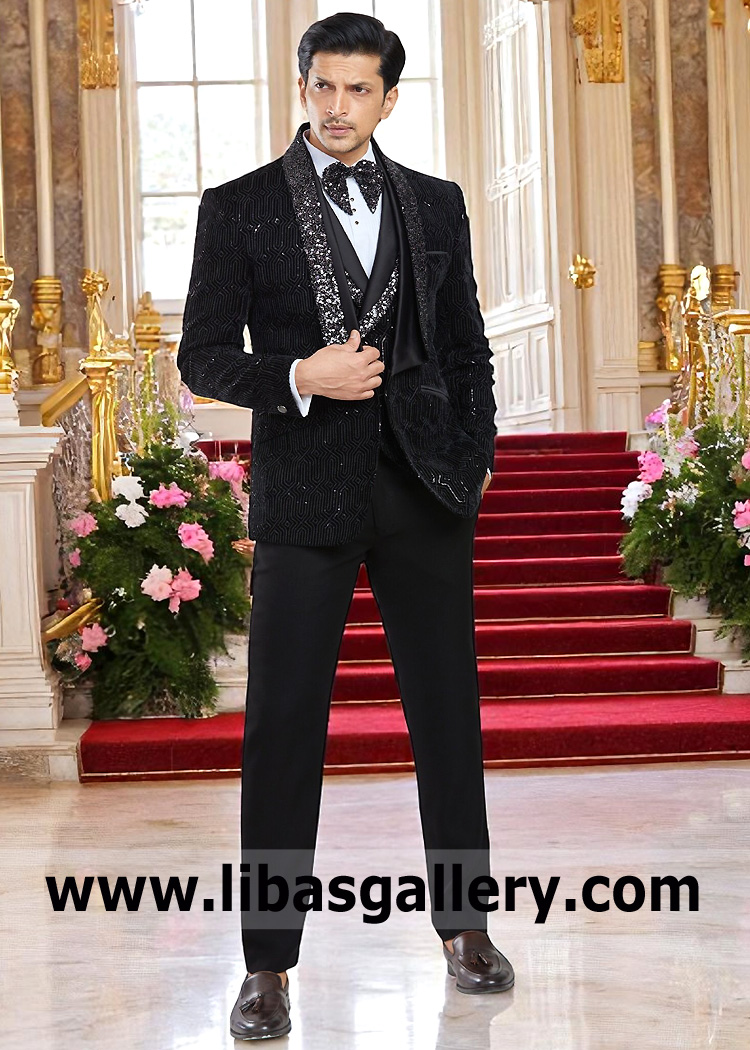 Geometric Embroidered Black Velvet Tuxedo Suit