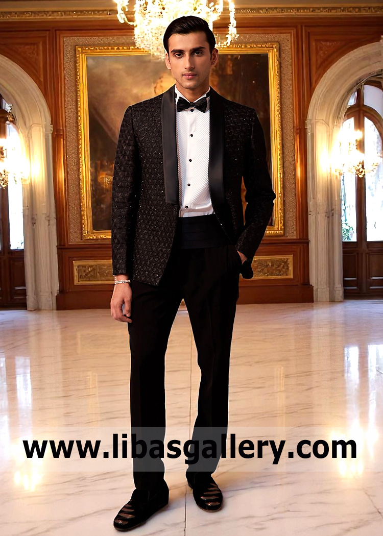 Bespoke Tuxedo Suits for Mens Basel Switzerland Pakistani Black Embellished Silk Tuxedo Suit