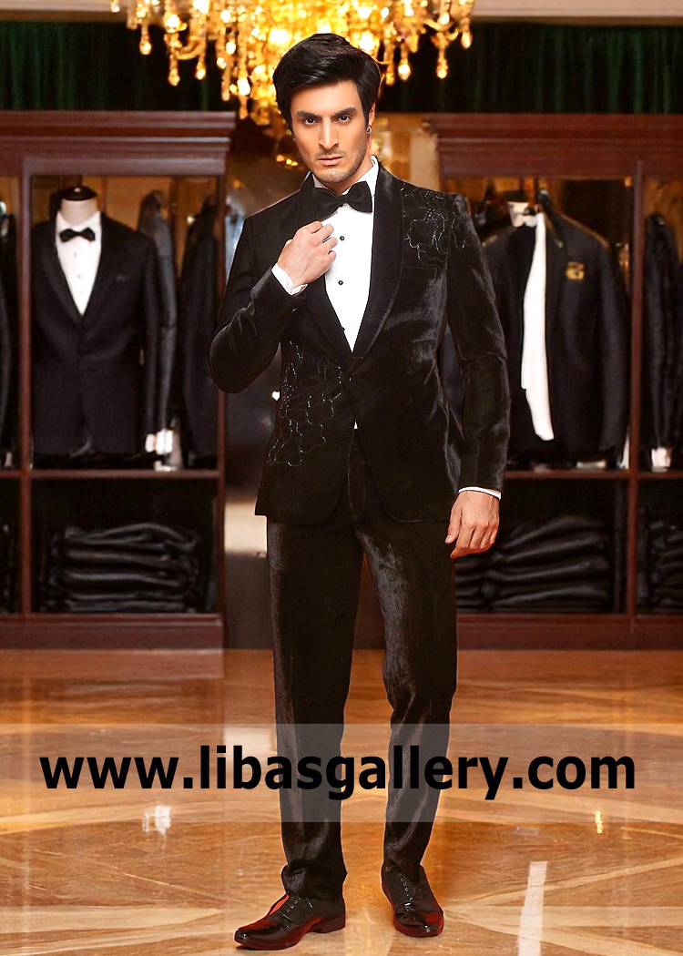 Floral Embroidered Black Velvet Tuxedo Suit