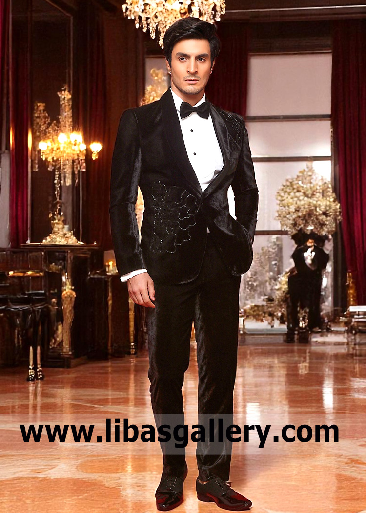Floral Embroidered Black Velvet Tuxedo Suit