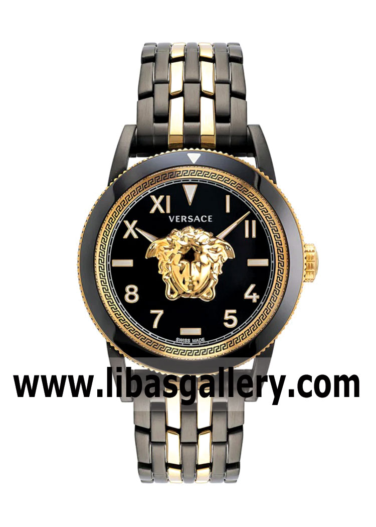 Versace V-Palazzo Watch Gold Black dial with Versace logo embellished mix of Roman and Western Arabic numerals