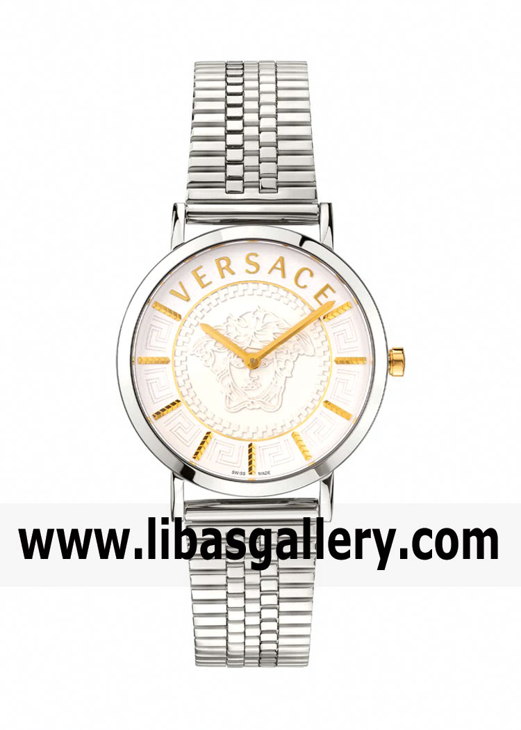 Shop Versace V-essential Quartz Silver Guilloche Dial Ladies Watch In Gold Tone