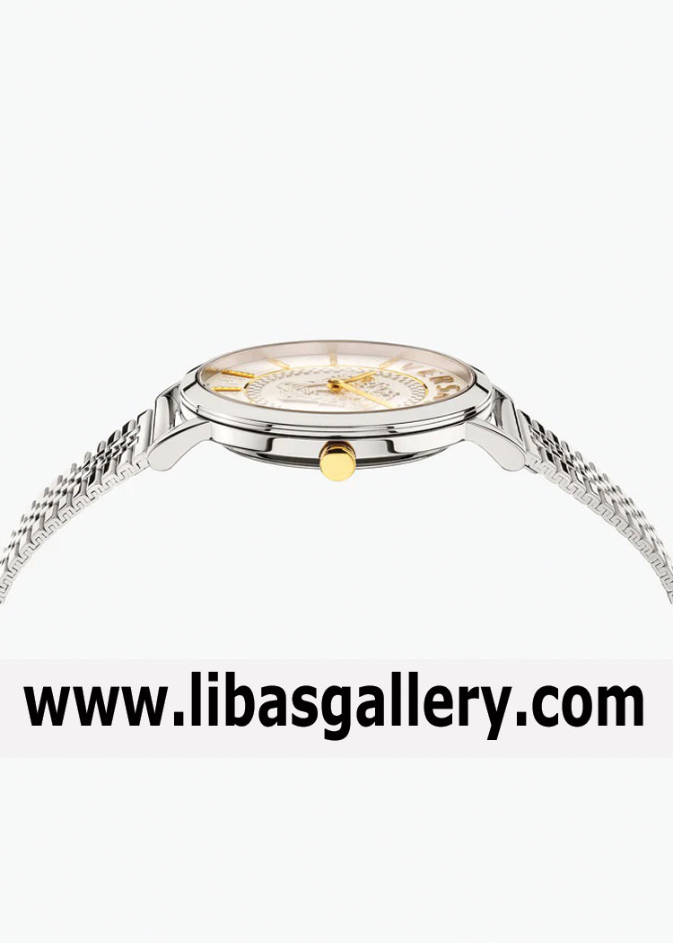 VERSACE NEW V-ESSENTIAL LADIES QUARTZ SILVER GUILLOCHE DIAL WITH GOLD TONE
