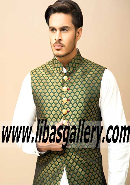green jamawar gold zari booti style waistcoat for men with kurta pajama color of your choice custom made uk usa canada