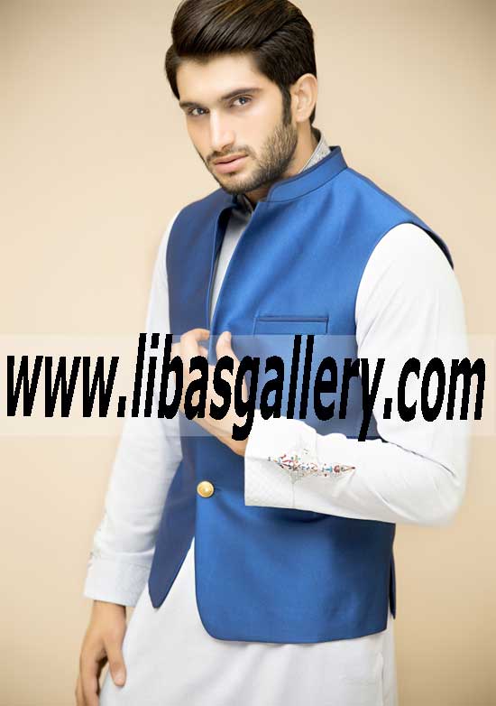 blue raw silk waistcoat stitched on custom measurements of customer attend mehndi and nikah event of friend and relative in blue vest mens uk usa canada