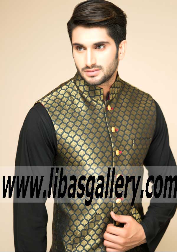Green jamawar gold zari booti design mens Waistcoat Style to attend party and occasions cyprus austria italy france