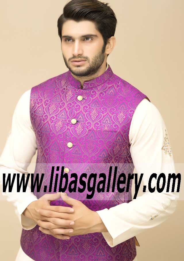 Beautiful style jamawar waist coat for men with kurta embroidery motif on arm paired with shalwar Saudi Arabia Qatar Kuwait