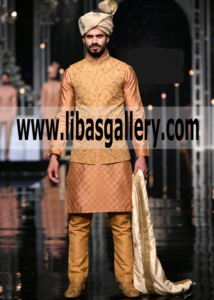 Latest Embroidered waistcoat for Groom to wear on Nikah with Jamawar Turban shop online UK USA Canada Australia Dubai