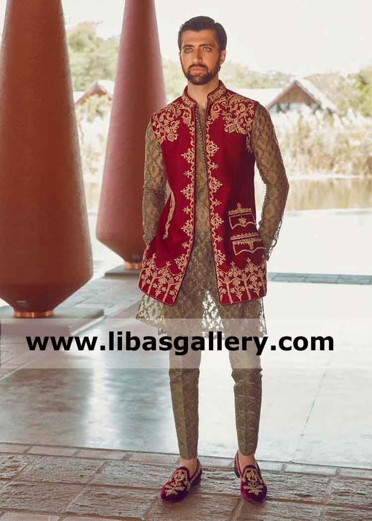 Awesome Embroidered Male Waistcoat for Nikah and Mehndi long length embroidered kurta on additional price worldwide delivery shop online by paypal uk usa canada