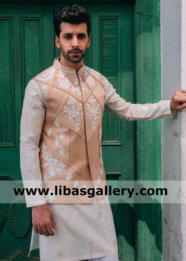 Handsome man in Pakistani stylish embroidered vest for mehndi white embroidery vest bespoke new design buy online jeddah riyadh saudi arabia