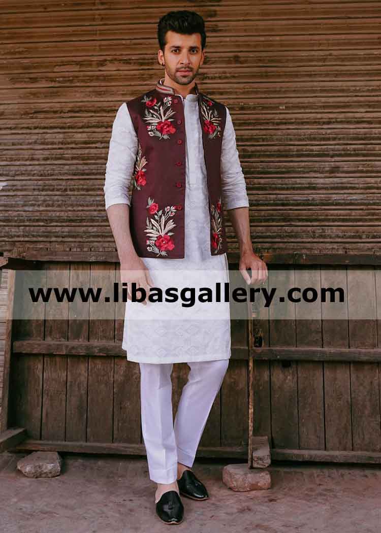 Dark shade waistcoat embroidered for mehndi and outdoor dinner party