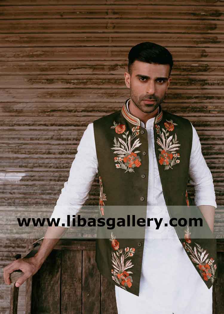 Bespoke Pakistani Embroidered Mehndi Vest for man emboss type embroidery of rose pattern fast delivery worldwide france germany uae