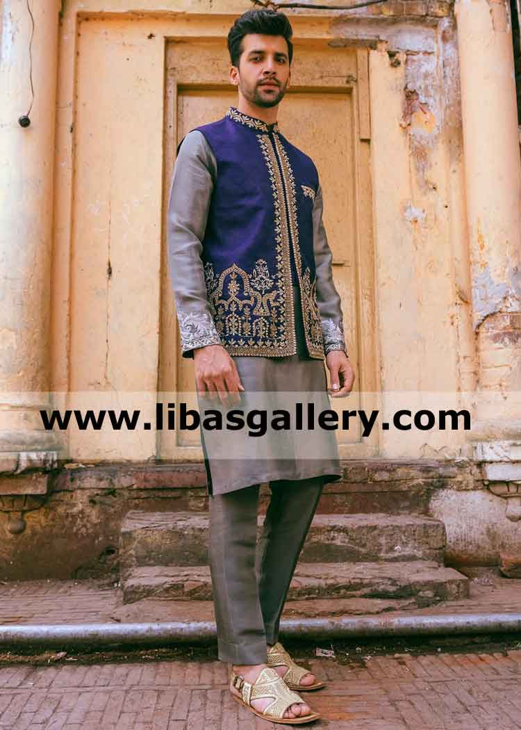 blue jamawar designer vest for man with gold antique Tilla cultural embroidery will go for eid mehndi party events norway new zealand uae