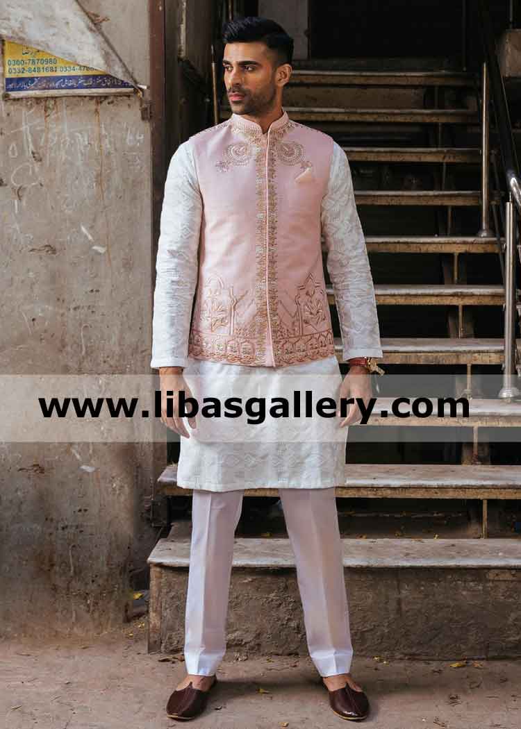 Pink Artistic avant garde embroidery waistcoat for gents perfect vest for eid and summer winter mehndi events shop online kentucky missouri USA