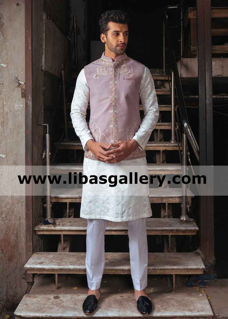 Embroidered Pakistani Designer Sleeveless Coat for Gents Mehndi Occasion Eid party slim fit and regular fit bespoke vest worldwide delivery UK USA Canada