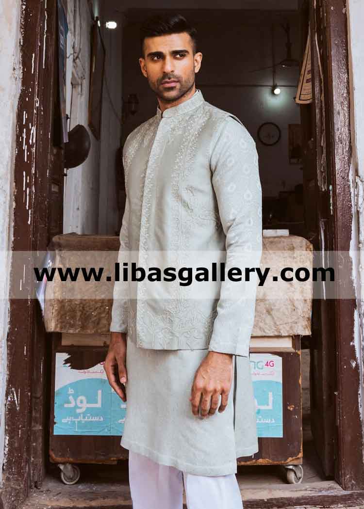 White classic gents waistcoat for Eid festive and mehndi night with dori embroidery shop by paypal uk usa uae
