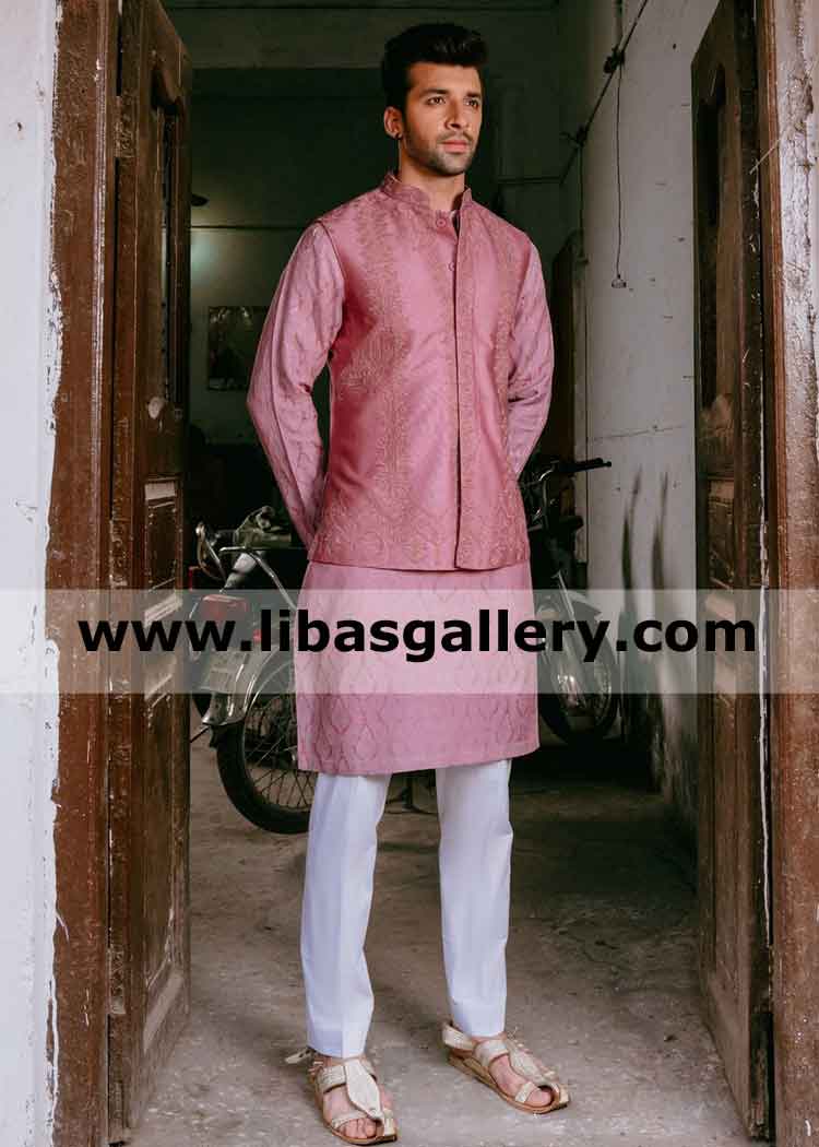 Pink Embroidered Male Sleeveless Jacket for Mehndi and Party