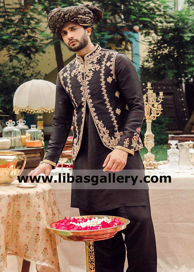 Superior Artistic black Raw silk Embroidered Waistcoat for Nikah Walima Tilla and Resham thread embroidery fast delivery shop online new york city washington USA