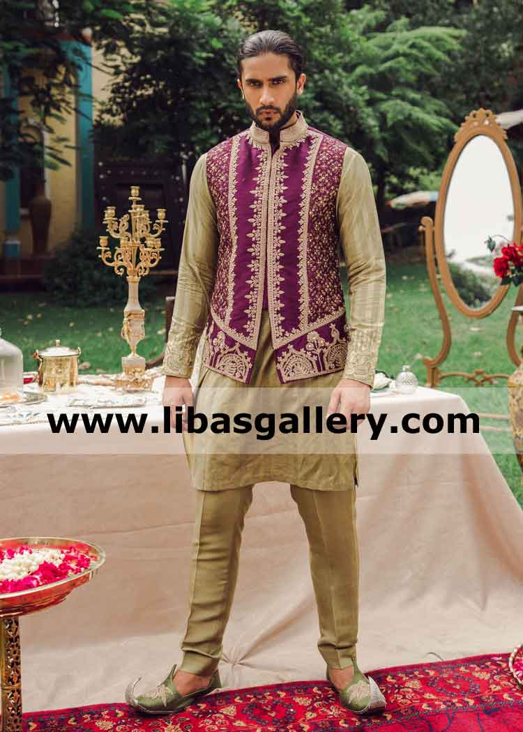 Heavy Embroidered Gents Waistcoat for Mehndi and Eid festive thread embroidery modern cut easy to wear and move toronto vancouver canada embroidery