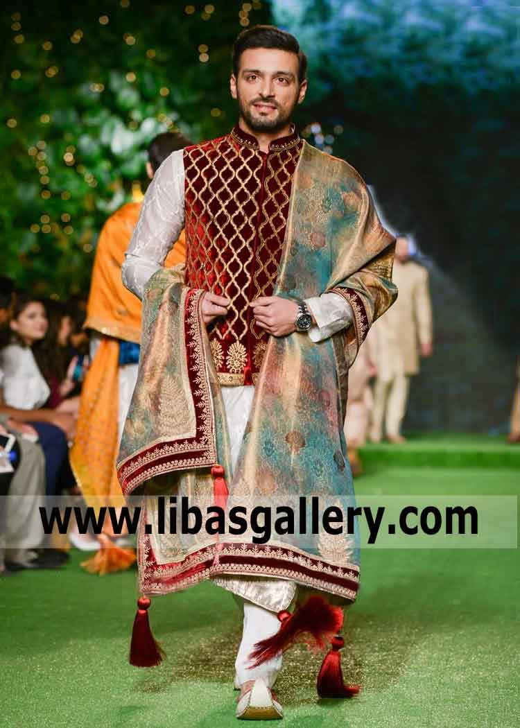 Velvet Red Embroidered Wedding Vest for Man and Teen Boys bespoke Pakistani waistcoat fast dispatch via express courier UAE Germany Norway
