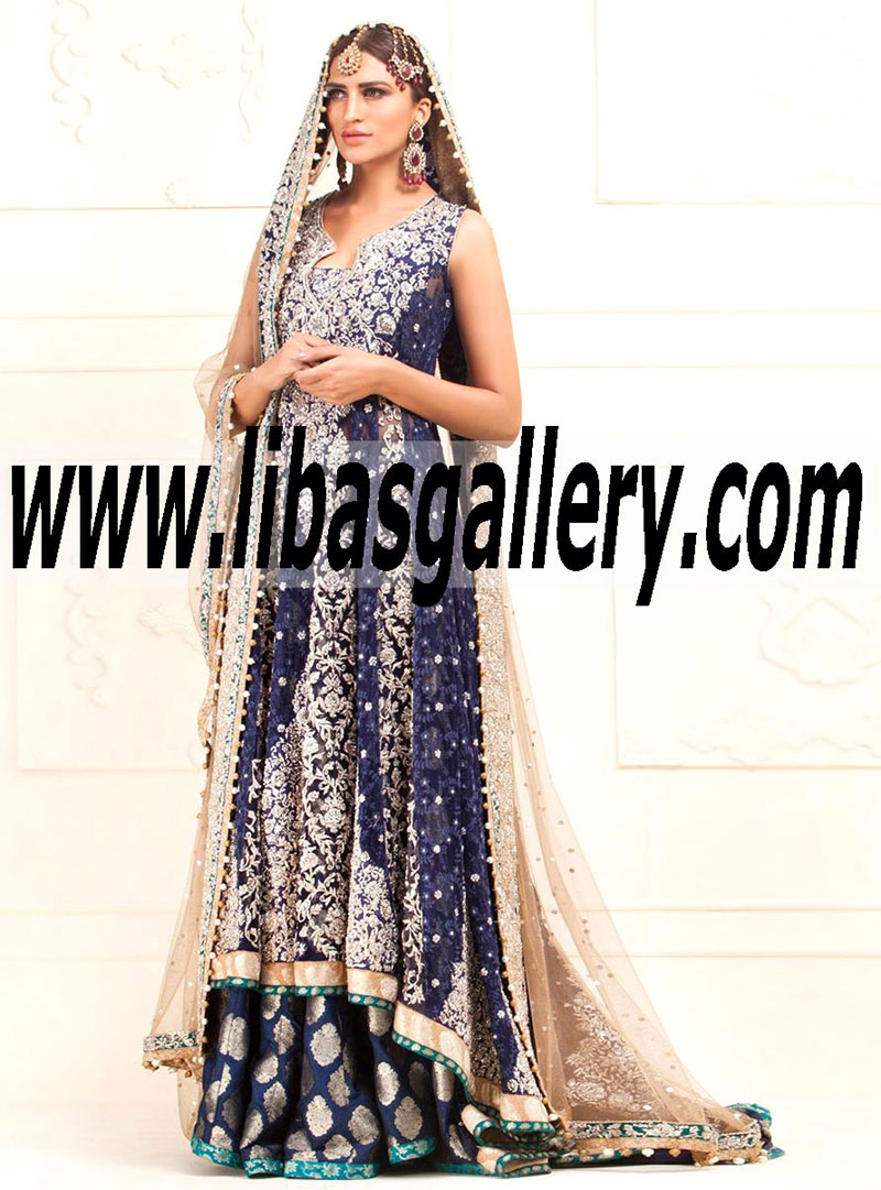 Zainab Chottani BRIDAL IN NAVY BLUE FLORAL PANELED NET DRESS