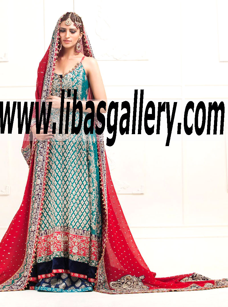 Zainab Chottani BRIDAL IN TURQUOISE SPAGHETTI STRAPPED DRESS