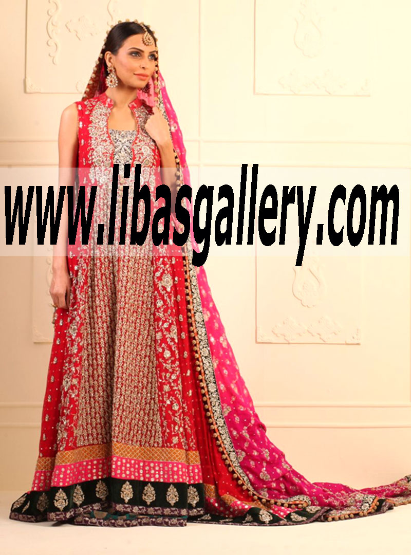 Zainab Chottani BRIDAL IN LONG RED MEHSURI NET PANELED DRESS