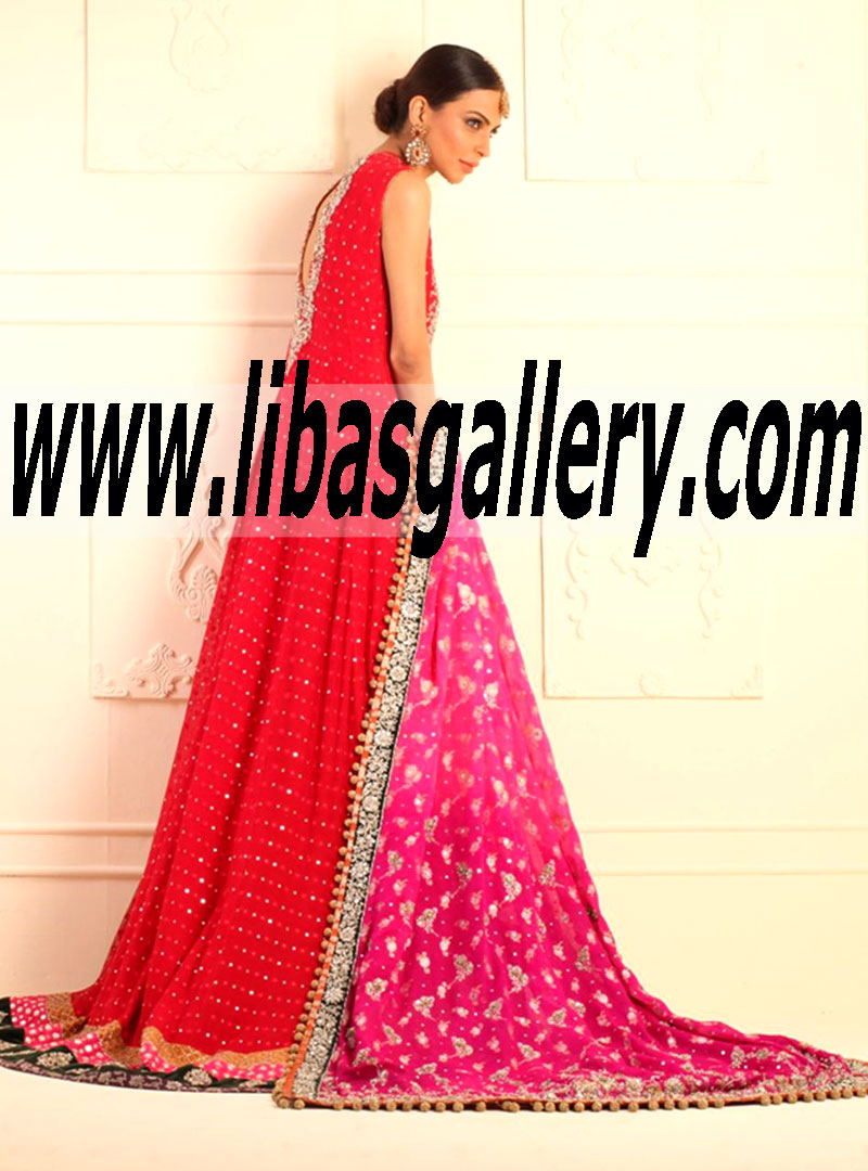 Zainab Chottani BRIDAL IN LONG RED MEHSURI NET PANELED DRESS