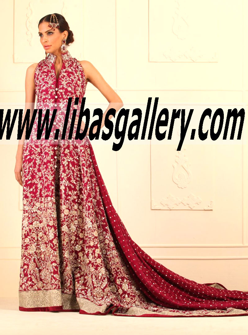 Zainab Chottani BRIDAL IN MAGENTA FLOOR LENGTH KHADDI NET FRONT OPEN DRESS