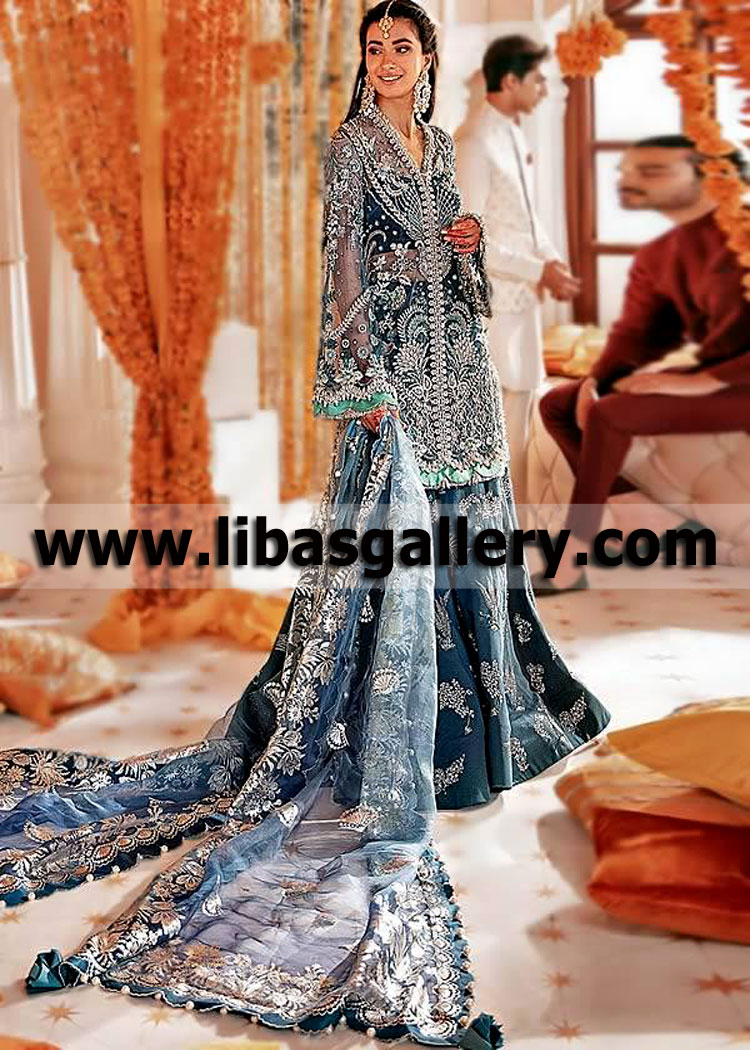 Prussian Blue Aster Dhaka Pajama Dress for Special Event