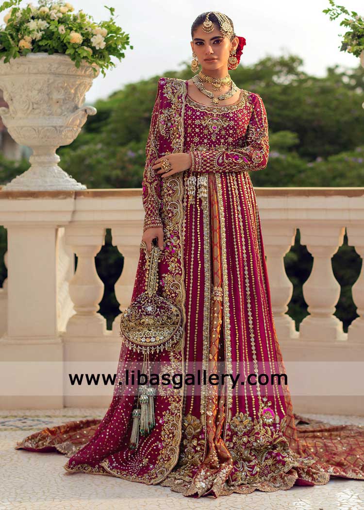 luxury anaari red kalidaar pishwas with lehenga brocade USA for wedding