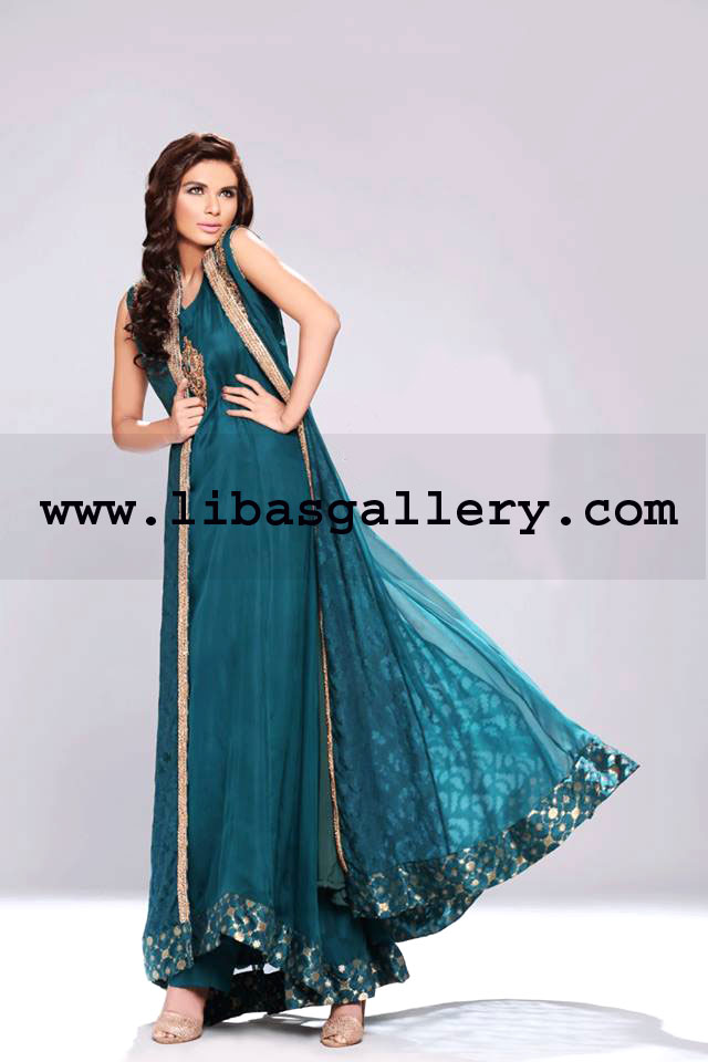 Midnight Green Pavone Anarkali Style Dress 