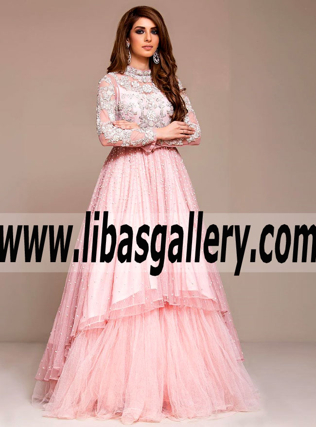 Asian Party Dresses With Jewelry, Zainab Chottani Asian Party Wear, Asian Embellished Party Outfits, Wedding Gown in PINK Colour