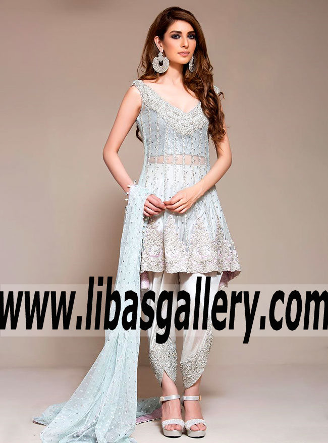 Modern Style Peplum Ice Blue Color for Women with Dupatta Sequence Spray UK USA Canada