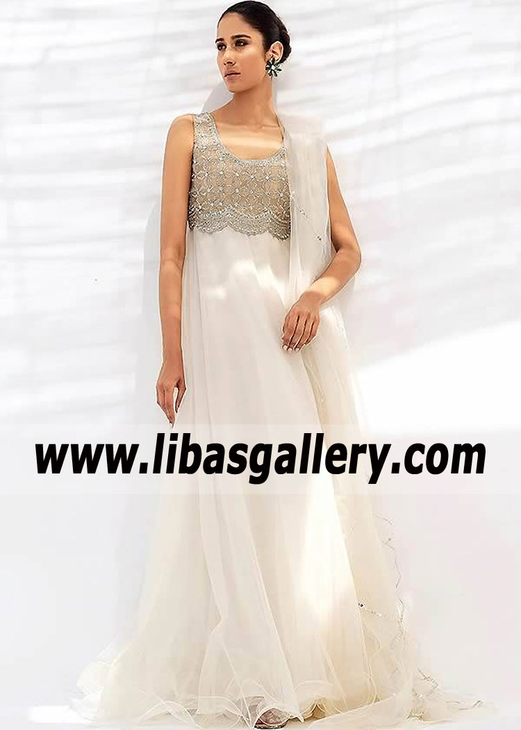 Latest Party Wear Anarkali Dress Sania Maskatiya Off-White Color Wedding Guest Dresses Pakistan
